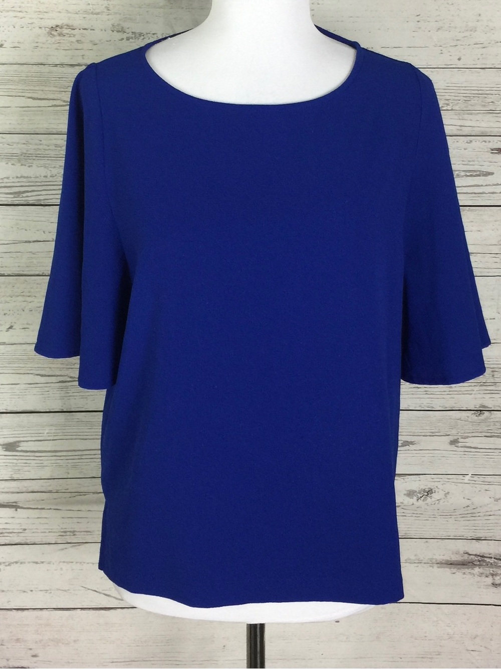 New York & Company Women’s Blue Stretch Hi Low Hem Flare Sleeve Top Size M